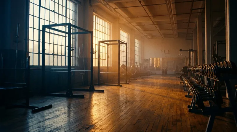 Gym floor at dawn with squat racks, dumbbells and large industrial windows, How to Open a Gym in New Jersey