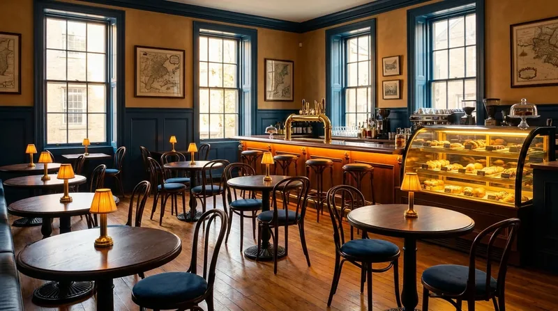 Warm cafe interior with bistro tables and a pastry case, New Jersey Health Department Permits