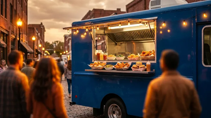 Customers lining up at a food truck window at dusk, How to Start a Food Truck in New Jersey
