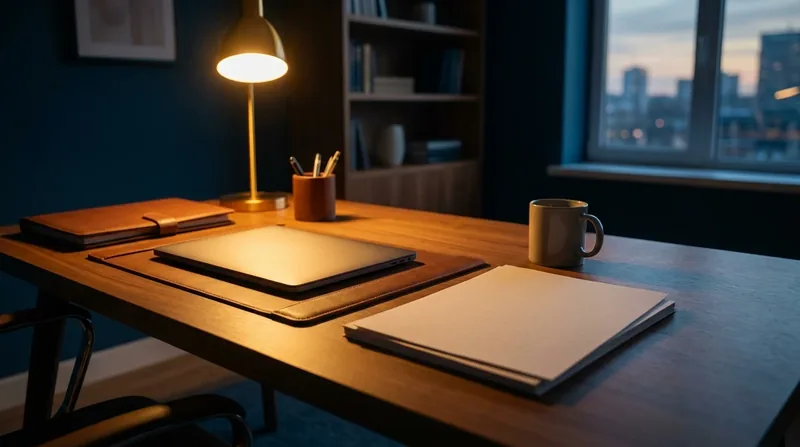 Business formation folders and a closed laptop on a lamp-lit desk, New Jersey LLC Operating Agreement