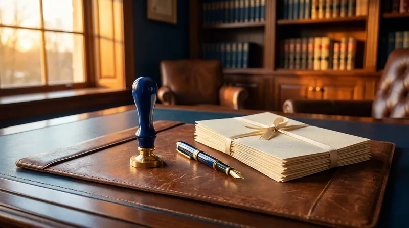 Embossing seal, fountain pen and stacked documents on a leather desk pad, New Jersey License Verification