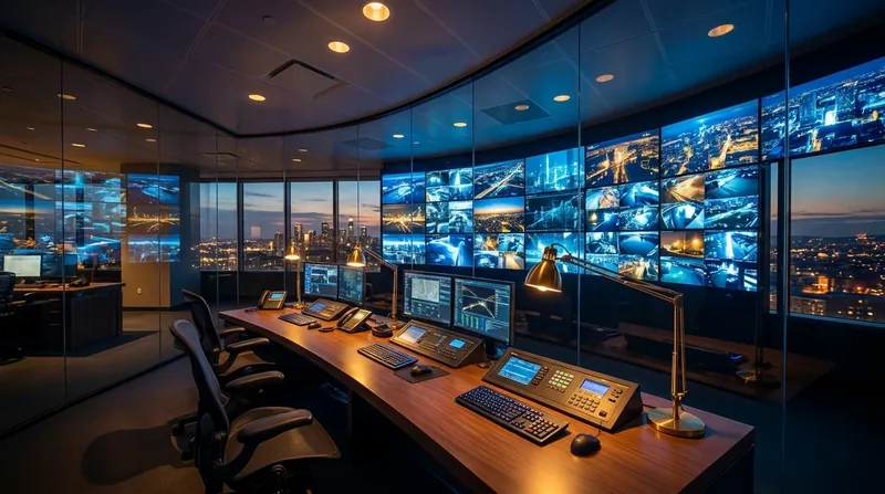 Security operations desk with a wall of camera monitors, How to Start a Security Guard Company in New Jersey