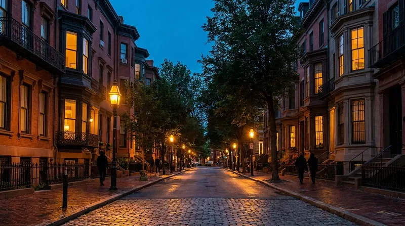 Brick rowhouse street with lit windows and street lamps at dusk, Jersey City Airbnb Rules