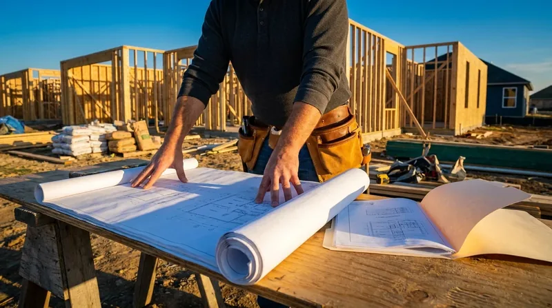 Contractor reviewing blueprints at a framed residential jobsite, New Jersey New Home Builder Registration and the New Home Warranty