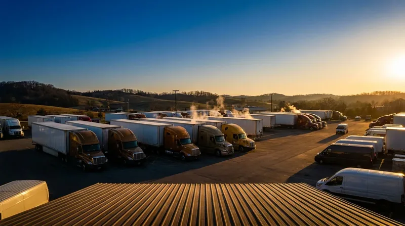 Box trucks and semis parked at a logistics yard at sunrise, New Jersey A-901 License